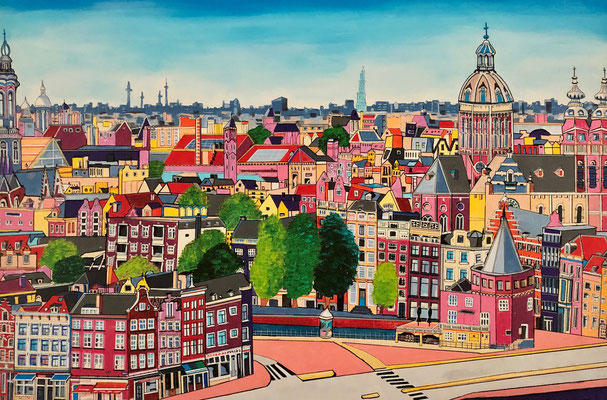 UITZICHT OP AMSTERDAM 80x120 - VERKOCHT. ALS GICLEE (= GECERT. REPRODUCTIE OP LINNEN) 425 EURO OF OP GEBORSTELD ALUMINIUM 375 EURO
