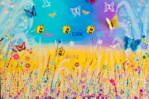 HAPPY BEES 60x90 VERKOCHT. ALS GLICEE (= GECERT.REPRODUCTIE OP LINNEN) MET EIGEN NAAM EN 3D VLINDERS 195 EURO