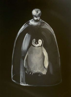 PINGUIN UNTER GLAS Acrylfarbe auf schwarzer Leinwand 30 x 40 cm