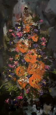 Acrylfarbe und Ölpastellkreide auf schwarzer Leinwand 50 x 100 cm