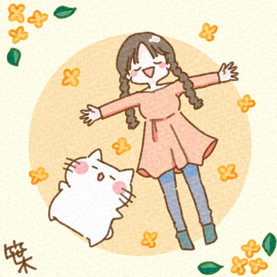 金木犀の香りの中でリラックスしている三つ編みの女の子と白い猫(にゃーしろ)
