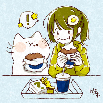 月見バーガーを両手で持ってもぐもぐ食べて「！」と反応しているポニーテールで目玉焼きのピンを付けた女の子と白い猫(にゃーしろ)