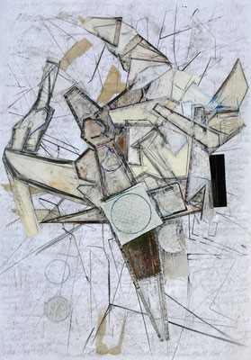Engelfragment auf Dyslalie (Skulpturskizze), 100 x 70 cm, Collage/Zeichnung/Schrift, 2023