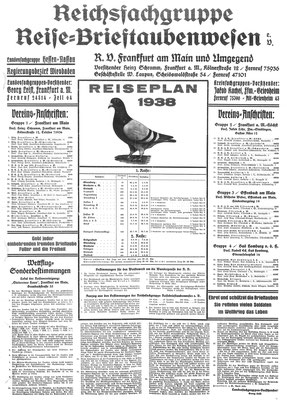 Reiseplan Reichsfachgruppe Brieftaubenwesen RV Frankfurt/ Main u. Umg. 1938