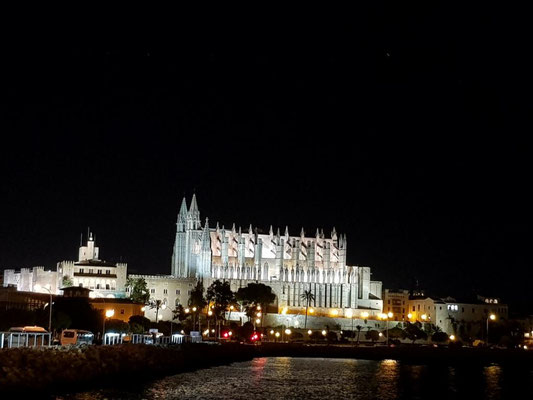 Blick auf die Kathedrale bei Nacht von der Bar Varadero, Palma, Mallorca