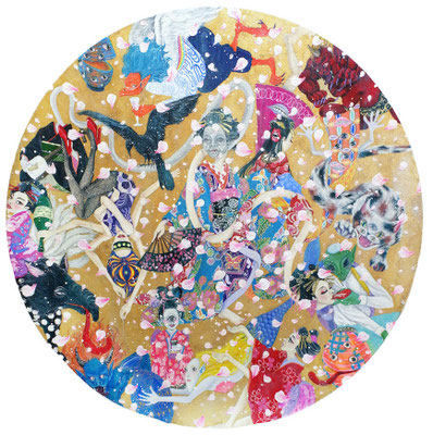 『 HANAMI〜faire la fête〜』acrylic, brass foil sheet, mixed-media on canvas (Φ60)