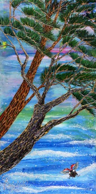 『 auspicious day 』acrylic, mixed-media on canvas (60×20×3.6cm）