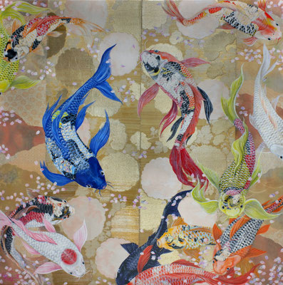 錦鯉、桜、浮世絵、koi-fish and cherry blossom, ukiyoe