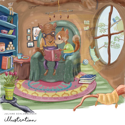 Illustration Juliane Schlumberger Fuchs liest mit Opa