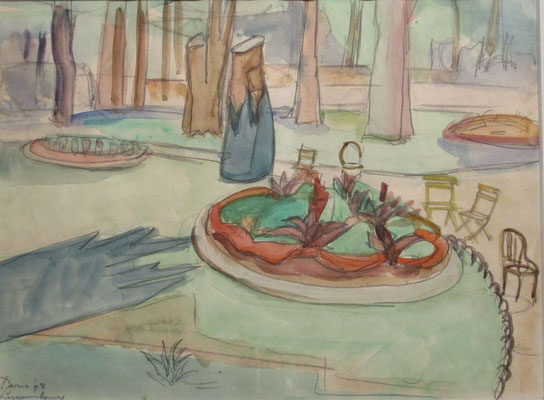 Jardin du Luxembourg_1 (Parijs, 1947), aquarel en Oost-Indische inkt, 29x36 cm