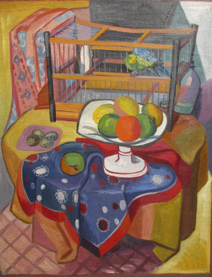 Still life with bird cage, oil paint, 73x59 cm