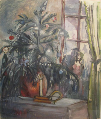 Verloofd bij de boom (Berlijn, 1939), aquarel, 45x38 cm. Julie verloofde zich in 1929 met de Irakees Yūnus Baḥrī. Voor de kerst van 1939 had hij voor hun woning aan de Kurfürstendamm 50 in Berlijn een kerstboom compleet met versiering gekocht.
