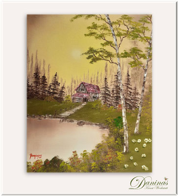 Sommerbilder gemalt: Florida Haus am See. Gemalte Landschaftsbilder. Ölgemälde handgemalt.