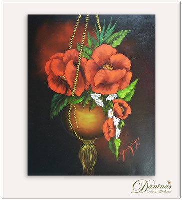 Gemalte Blumenbilder: Rote Blumen im Hängetopf. Blumen Ölgemälde handgemalt by Danina-Kunst-Werkstatt