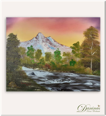 Gemälde Flusslandschaft: Der reißende Fluss. Landschaftsbilder gemalt. Ölgemälde handgemalt.
