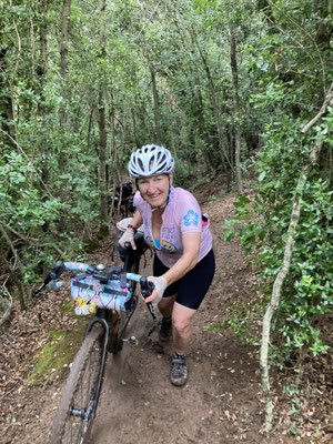 Bikepacking auf schmalem Waldtrail mit steilem Anstieg und Schiebepassage