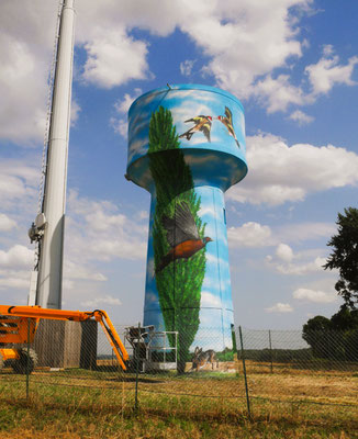 photo d'une fresque sur château d'eau ( peinture, artiste, art, street-art, trompe l'oeil, fresque murale, graffiti...)