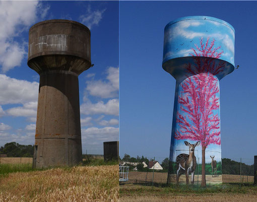 photo d'une fresque, peinture, rénovation, décoration sur château d'eau, Coron Thibaud
