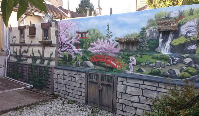  fresque murale extérieure à Dijon, par Coron Thibaud représentant un jardin japonais