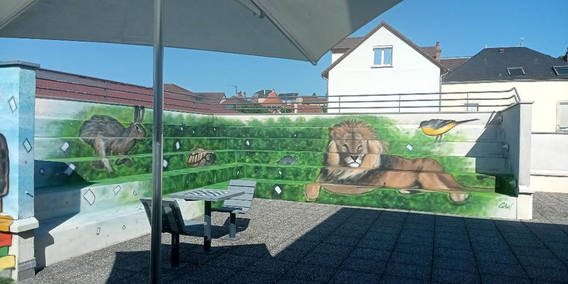 Anamorphose street art sur les gradins de la médiathèque de Montbard par Coron Thibaud