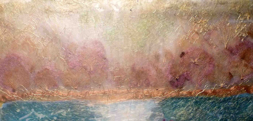 forest at lake edge on silk