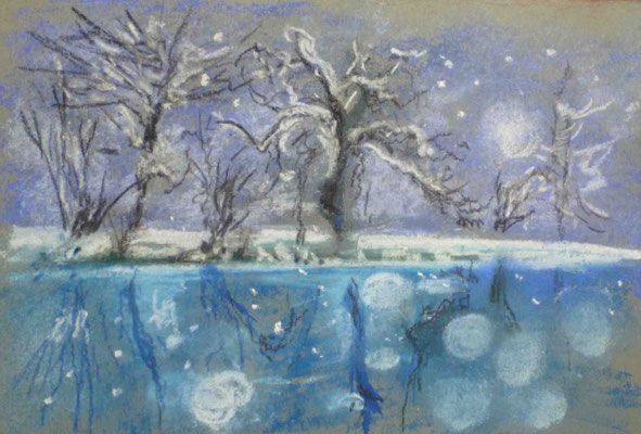 blue frozen lake and winter tree with snow