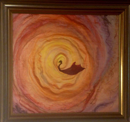swan swimming in red tunnel on silk