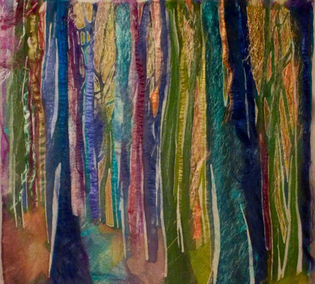 multicoloured forest of tree trunks on silk
