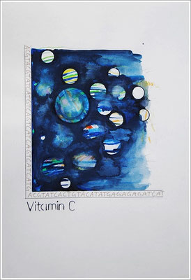 Aquarellfarbstift, Bleistift, Pigmenttinte-Liner auf Papier, 21 cm x 29,7 cm, - 2020 ( " Bild in DNA gespeichert " )