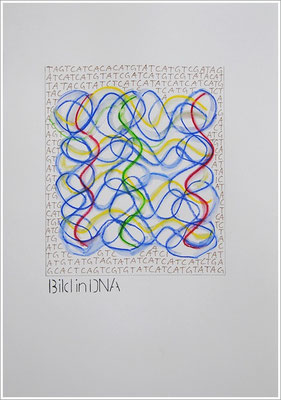 Aquarellfarbstift, Bleistift, Pigmenttinte-Liner auf Papier, 21 cm x 29,7 cm, - 2021 ( " Bild in DNA gespeichert " )