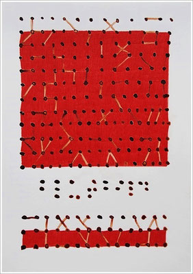 Braille-Schrift = " Blutbild ". 2017 - 2020 - Farbstift, Blutstropfen auf Papier,  21 cm x 29,7 cm, " Das Leben lesen - Für immer jung? - Placebo und Nocebo " 