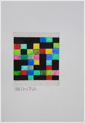 Aquarellfarbstift, Bleistift, Pigmenttinte-Liner auf Papier, 21 cm x 29,7 cm, - 2021 ( " Bild in DNA gespeichert " )