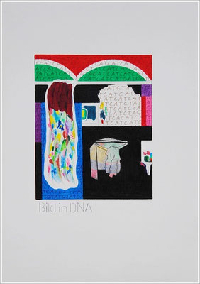 Aquarellfarbstift, Bleistift, Pigmenttinte-Liner auf Papier, 21 cm x 29,7 cm, - 2021 ( " Bild in DNA gespeichert " )