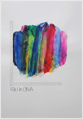 Aquarellfarbstift, Bleistift, Pigmenttinte-Liner auf Papier, 21 cm x 29,7 cm, - 2021 ( " Bild in DNA gespeichert " )