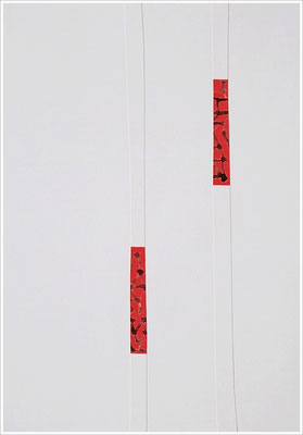 Fragment - Collage, Braille-Schrift = " Blutbild ". 2019 - Farbstift, Blutstropfen auf Papier, 21 cm x 29,7 cm, " Das Leben lesen - Für immer jung? - Placebo und Nocebo " 
