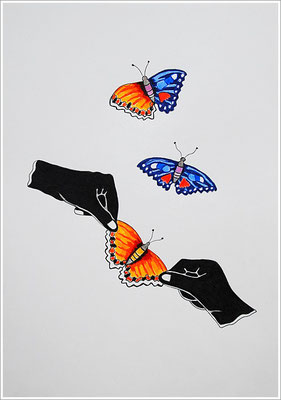 21 cm x 29,7 cm - " CRISPR/Cas - Schmetterlingsflügel " - Farbstift, Bleistift auf Papier - 2018