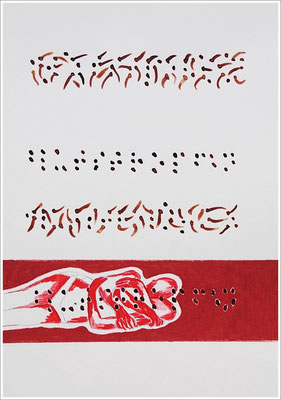 Braille-Schrift = " Blutstropfen ". 2017-2019 - Farbstift, Bleistift, Blutstropfen auf Papier, 21 cm x 29,7 cm, " Das Leben lesen - Für immer jung? - Placebo und Nocebo "