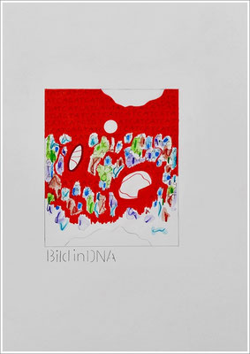 Aquarellfarbstift, Bleistift, Pigmenttinte-Liner auf Papier, 21 cm x 29,7 cm, - 2022 ( " Bilder in DNA gespeichert " )