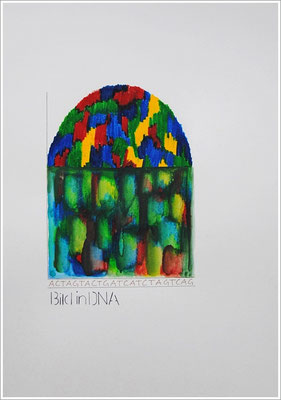 Aquarellfarbstift, Bleistift, Pigmenttinte-Liner auf Papier, 21 cm x 29,7 cm, - 2021 ( " Bild in DNA gespeichert " )