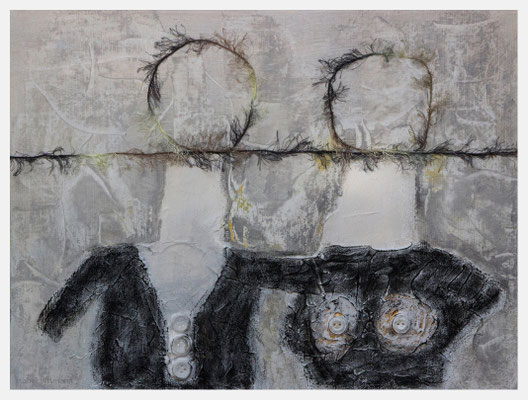 auf einer Wellenlänge (Strukturpaste, Acryl, Kohle, Knöpfe, Wolle auf Papier, 300g/m², 40 x 30 cm)