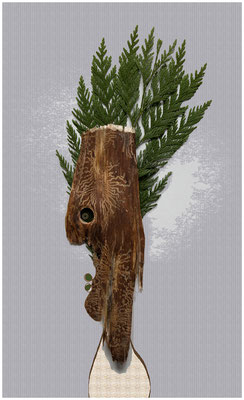 Holzauge sei wachsam. (Basis: Holzfundstück und Zypressenzweig auf Papier, 42 x 55,5 cm)