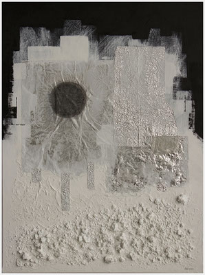 Mondstation (Gesso, Acryl, Alufolie, Betonreste, Gipsbrösel auf Leinwand, 60 x 80 x 2 cm)