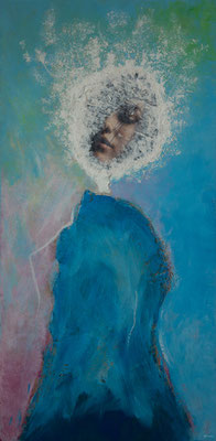 die Tagträumerin (Acryl, Strukturpaste, Bildschnipsel, Ölpastell auf MDF-Platte, 26,6 x 54 x 0,3 cm)
