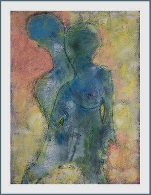 "Blau ist eine warme Farbe" (Acryl, Pastellkreide, Ölpastell, Bleistift auf Papier, 265g/m², 30 x 40 cm)