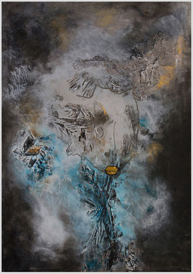 Gerüchte (Acryl, Bleistift, Zeitung auf Karton, 30 x 41,5 cm)