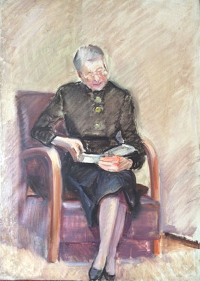INTERNO CON FIGURA FEMMINILE E LIBRO. Oil on canvas cm 70x50. Signed on the back.