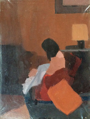 DONNA CON BAMBINO Mixed media painting on canvas. cm 70x50. Signed on the back.