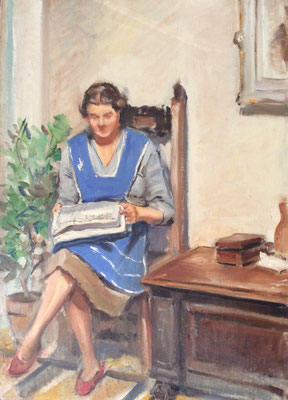 INTERNO CON FIGURA FEMMINILE CON GIORNALE. Oil on canvas cm 70x50. Signed on the back.