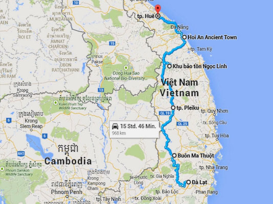 Unsere Route von Da Lat bis Hue.