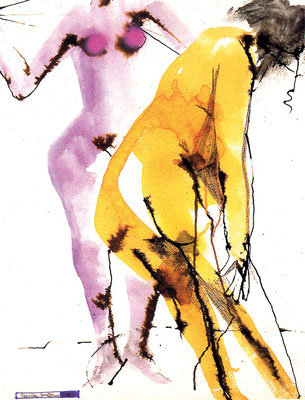 Bild, "In der Sauna", Gouache auf Japanpapier, 70 x 92 cm